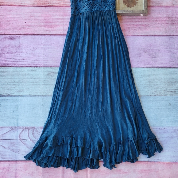 Free People Navy Blue Adella Lace Smocked Back Ruffle Hem Maxi Slip Dress Small - Picture 7 of 11